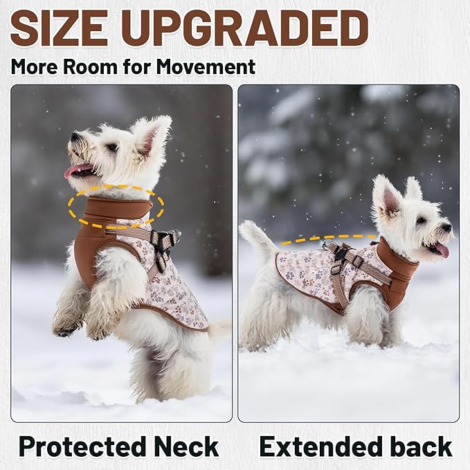 Dog Winter Coat for Small & Medium Dogs, Waterproof Dog Coat with Harness, Puppies Windproof Puppy Puffer Jacket, Snowsuit for Dachshund, Frenchie, Corgi (Paw Brown,XL)