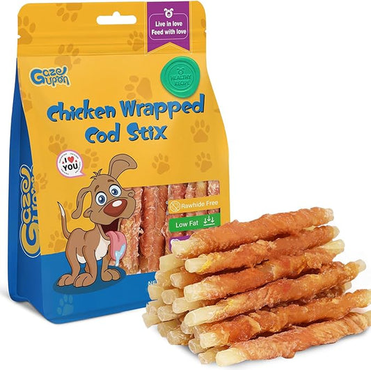 Gazeupon Soft Dog Treats, Healthy Training Treats for Dogs, Rawhide Free Snacks for Small Dogs, Chicken Wrapped Cod Sticks w/Glucosamine Chondroitin