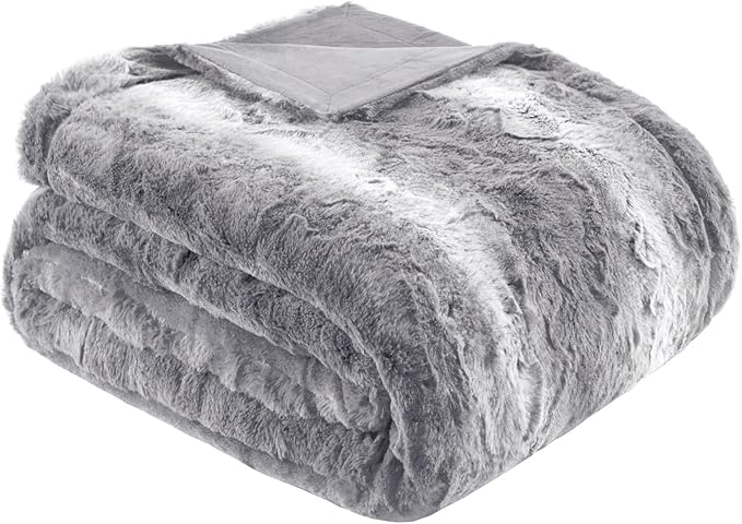 Madison Park Ultra-Soft Poly Fur Blanket King Size, Reversible Plush, All Season & Lightweight Fuzzy Blanket for Bed, Couch & Sofa, Zuri, King/Cal King Grey