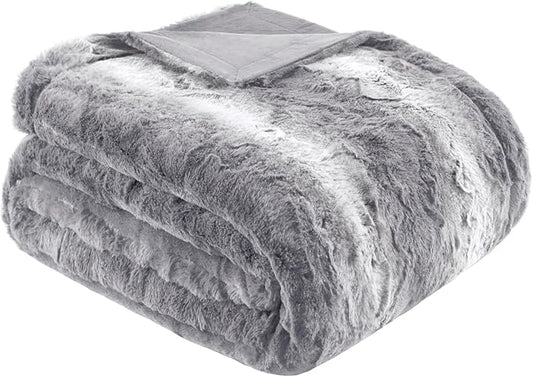 Madison Park Zuri Soft Plush Luxury Oversized Faux Fur Throw Animal Stripes Design, Faux Mink On The Reverse, Modern All Seasons Blanket for Bed, Sofa Couch, Office, Grey, 60x70"