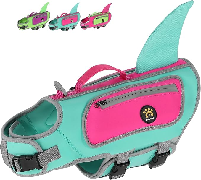 Dog Life Jacket, High Buoyancy Shark Dog Safety Vest, Neoprene Pet Life Preserver with Good Visibility & Reflective, Puppy Swim Floating Vest with Rescue Handle for Boating (Turquoise, Small)