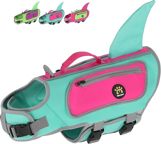 Dog Life Vests for Boating and Swimming, Dog Life Jacket with Shark Fin, Rescue Handle Pet Preserver for Medium Dogs, Neoprene Good Buoyancy Dogs Floating Safety Vest (Turquoise, Medium)