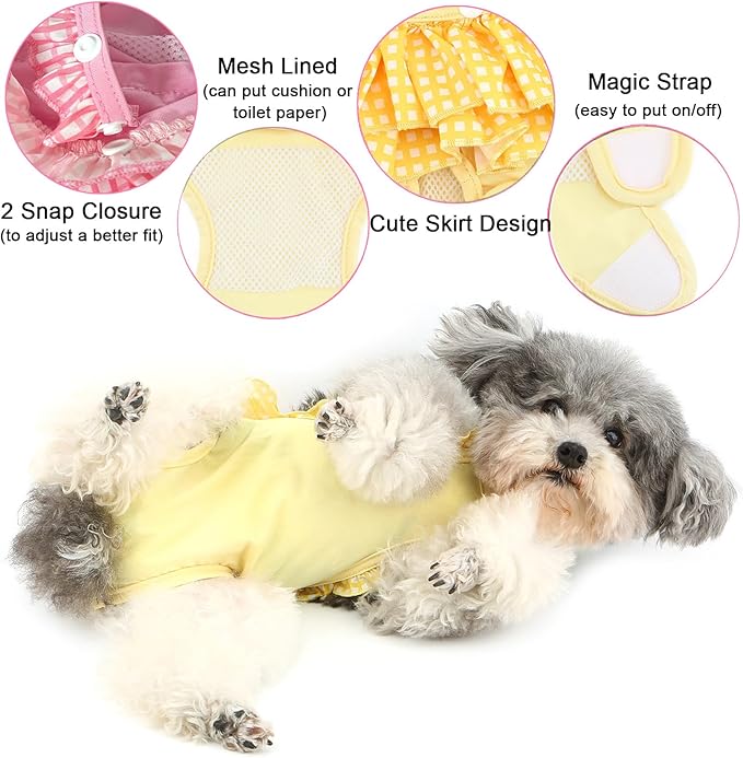 Zunea Washable Female Small Dog Diapers for XS/S Size Dogs Adjustable Suspender Reusable Puppy Sanitary Diaper Pantie Cute Plaid Nappies Skirt for Doggy Chihuahua Yorkie in Heat Yellow L