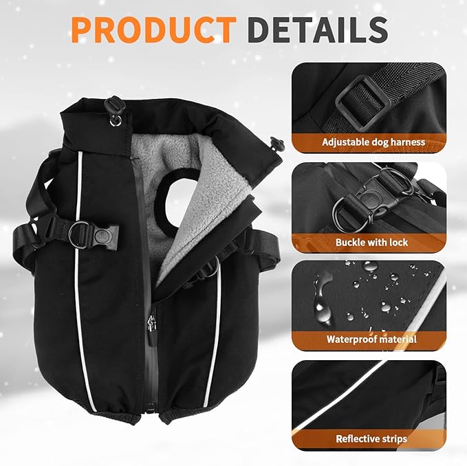 Dog Winter Coat Reflective Water-Resistant Jacket, Fleece Lined Windproof Puppy Coat with Back Zipper & D-Ring, Cold Weather Dog Coats for Small Medium Dogs (L, Black)