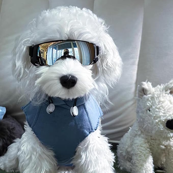 ENJOYING Dog Sunglasses Small Breed, Anti-UV Puppy Goggles for Small Dogs, Windproof Outdoor Dog Eye Protection for Driving Biking, Adjustable Head Straps, Cute Silver