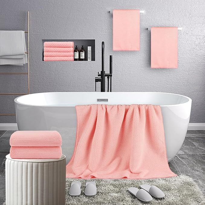 HOMEXCEL 8 Piece Bath Towel Set, Microfiber Bathroom Towel - 2 Bath Towels, 2 Hand Towels, and 4 Wash Cloths, Super Soft, Highly Absorbent Towels for Bathroom, Gym, Hotel, and Spa, Pink