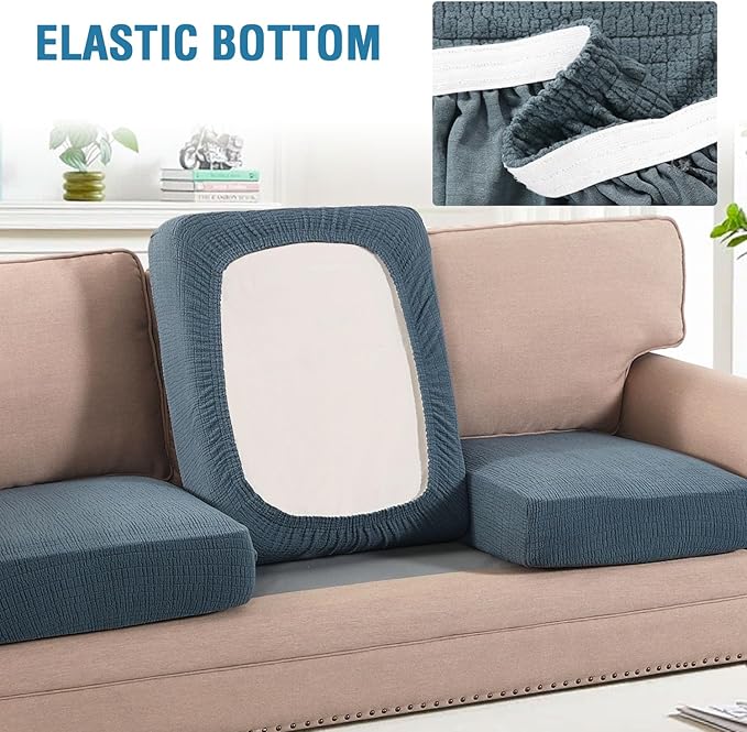 H.VERSAILTEX Jacquard Cushion Covers for Couches and Sofas High Stretch Sofa Cushion Covers Spandex Furniture Protector Anti-Slip Soft Thickened Slipcovers Crizzle Pattern(3 Seat Covers, Stone Blue)