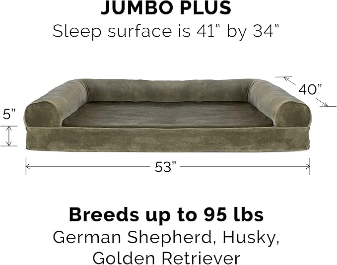Furhaven Memory Foam Dog Bed for Large Dogs w/ Removable Bolsters & Washable Cover, For Dogs Up to 125 lbs - Faux Fur & Velvet Sofa - Dark Sage, Jumbo Plus/XXL