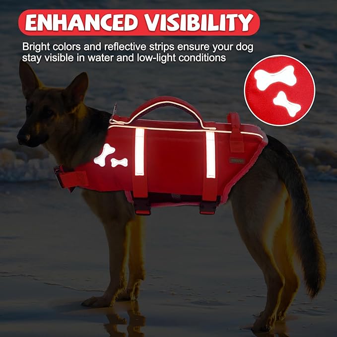 EMUST Dog Life Jacket, Lightweight Dog Life Vests with Rescue Handle for Small Medium and Large Dogs, Pet Safety Swimsuit Preserver for Swimming Pool Beach Boating, 2XL, NewRed