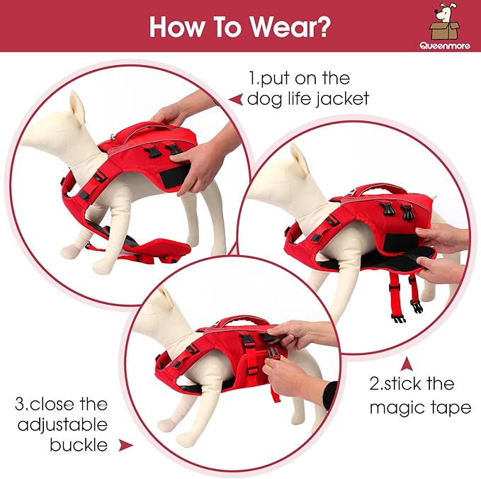 Queenmore Dog Life Jacket,Life Vest for Extra Large Dogs,Adjustable Reflective Dog Swimming Vest,Superior Buoyancy Dog Lifesaver,High Floating Pet Life Vest for Swimming(Red,2XL)