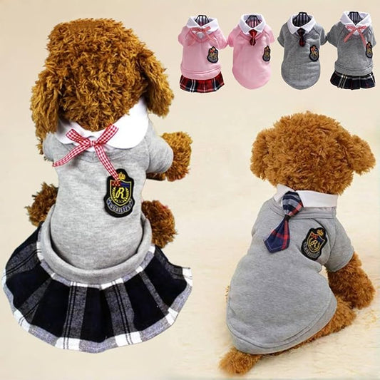 Selena Pet Uniform School Skirts Sailor Costume Dog Campus Clothes Teddy Cute Bowtie Adorable Puppy Apparel (Large,Gray Shirt)