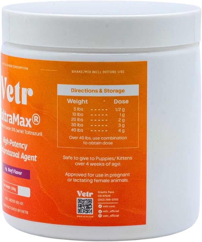 Vetr's Toltramax Toltrazuril Powder for Horses, Dogs, Cats, 100g (10.0%, Beef)