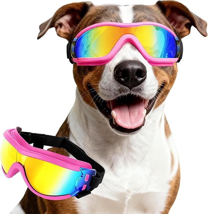 NAMSAN Dog Goggles Medium to Large Breed, Anti-UV Sunglasses for Dogs Large Breeds, Windproof Driving Dog Eye Protection, Doggy Glasses with Elastic Straps, Adjustable, Pink