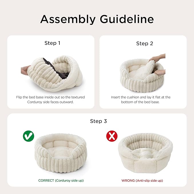 Bedsure ComfyFleece™ Cat Bed, Washable Round Cute Pet Beds for Indoor Cats, Super Soft Corduroy Kitten Bed with Anti-Slip Bottom, 20''x20''x8'', Cream
