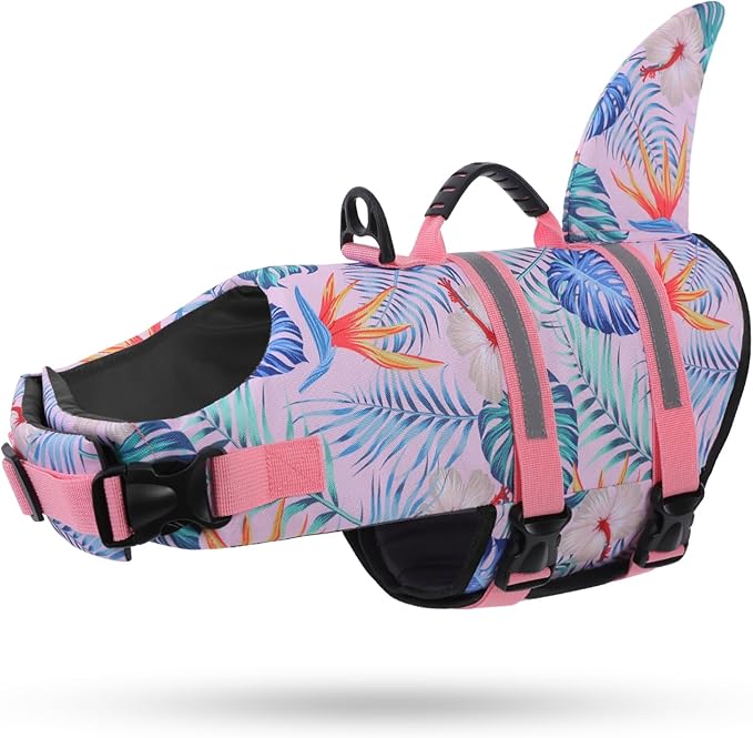 Queenmore Shark Dog Life Vest for Swimming, Pet Life Vests for Boating, High Buoyant DogLife Jacket, Ripstop High Flotation Swimsui for Small, Medium, Large Dogs (HawaiiPink,S)