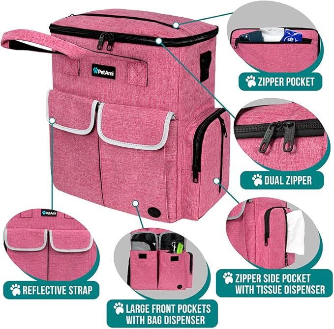 PetAmi Dog Travel Bag Pet Supplies Accessories Organizer for Traveling, Camping, Weekend; Cat Pet Travel Bag Kit Includes 2 Food Storage Containers, 2 Collapsible Bowls, 1 Feeding Mat (Pink)