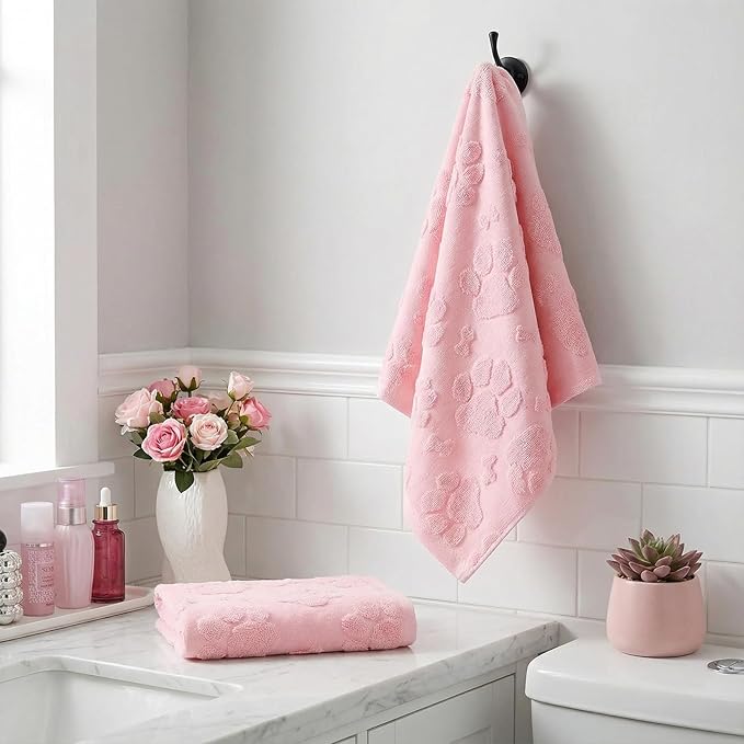 2pcs Pink Dog Paw Hand Towels for Bathroom Pink Cotton Jacquard Kitchen Bath Hand Towels Set Decorative Weave 3D Kitchen Dish Towel Cute Dog Soft Absorbent Bathroom Towel Home Decor Gift