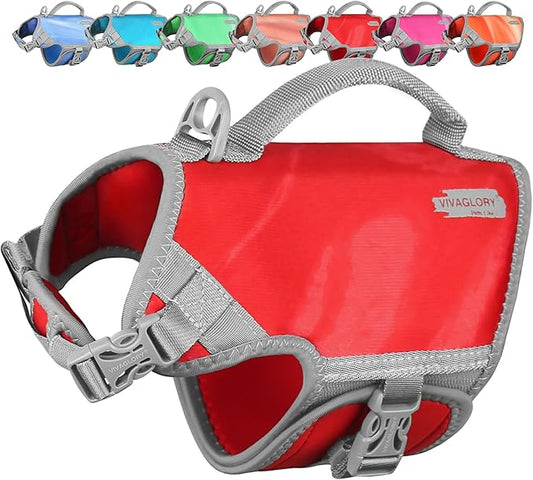 VIVAGLORY Neoprene Dog Life Vest, Dog Life Jacket for Swimming & Boating, Lightweight & Buoyancy for Puppy Doggy, Swimming Vest with Handle, XS, Red Pomegranate