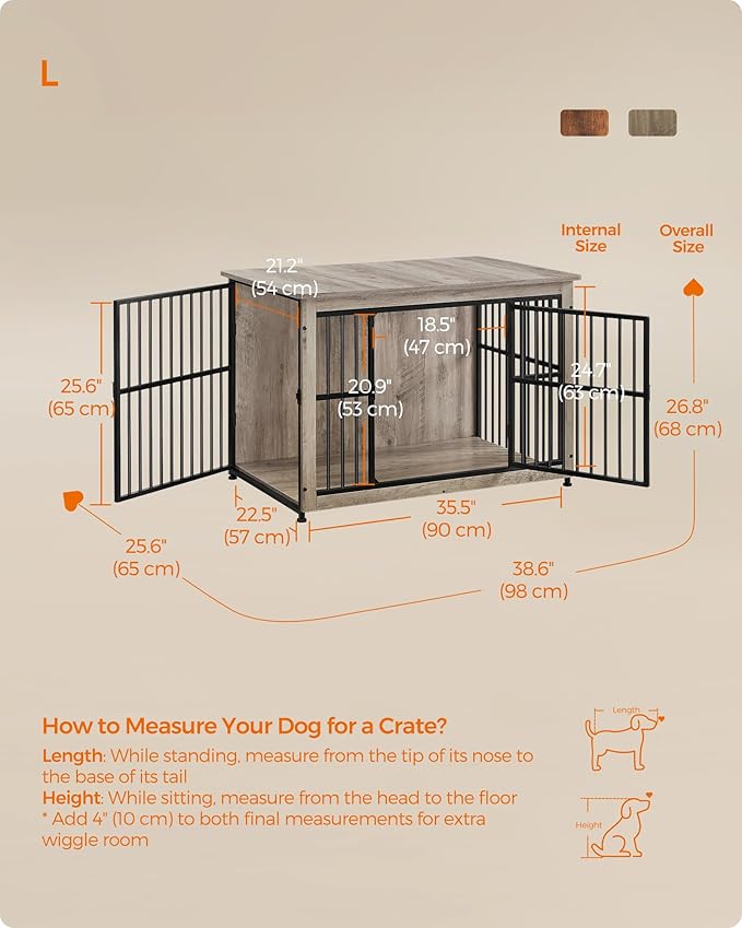 Feandrea 38.6" Dog Crate Furniture, Heavy-Duty Dog Cage Side End Table, XL Pet Wood Kennel for Large and Medium Dogs up to 70 lb with Enclosed Base, Double-Door Pet House, Greige