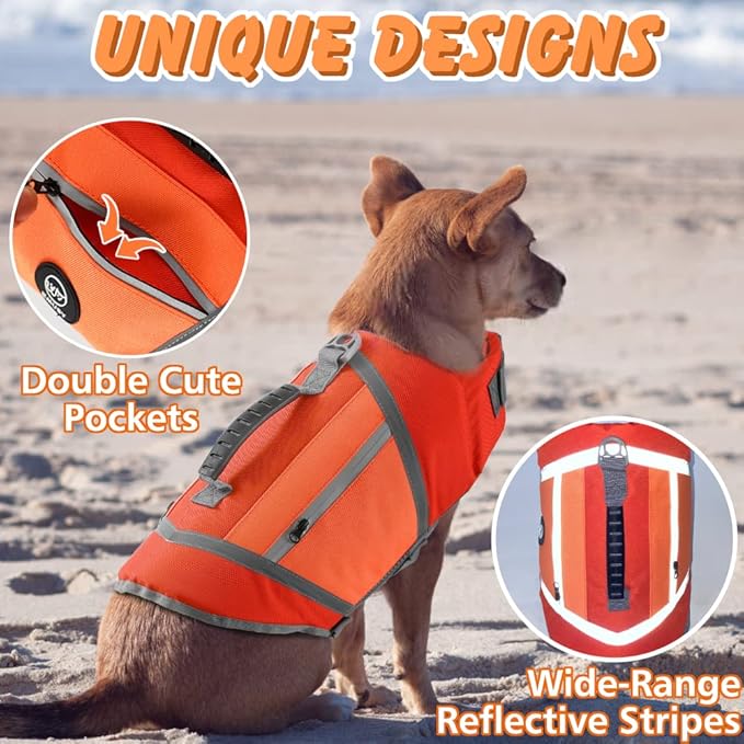 EMUST Dog Flotation Vest, High Visibility Life Vests for Dogs with High Buoyancy, Heavy-Duty Dog Life Jackets for Large Dogs with Adjustable Straps for Pugs, Boxers, Basset Hounds, Orange, L