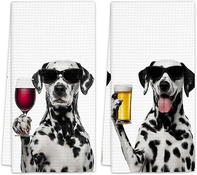Dalmatian Gifts Wine Kitchen Towels Set of 2, Gifts for Dalmatian Dog Wine Lovers Decorative Hand Dish Towel for Kitchen Home Bar, Funny Dog Beer Lover Home Bar Cart Decor(16x24Inch)