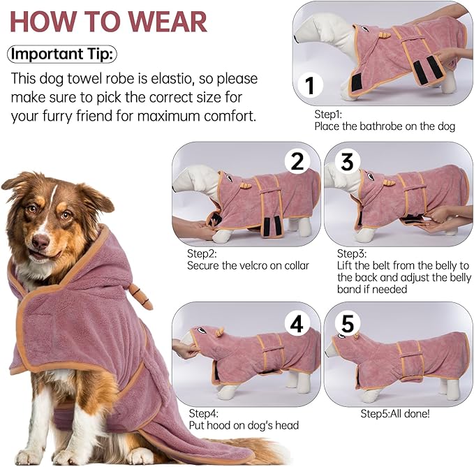 Magic Sticker & Belly Strap Dog Drying Coat, Microfibre Material Fast Drying Super Absorbent Towel, Dog Robes for After Bath - Small to Large