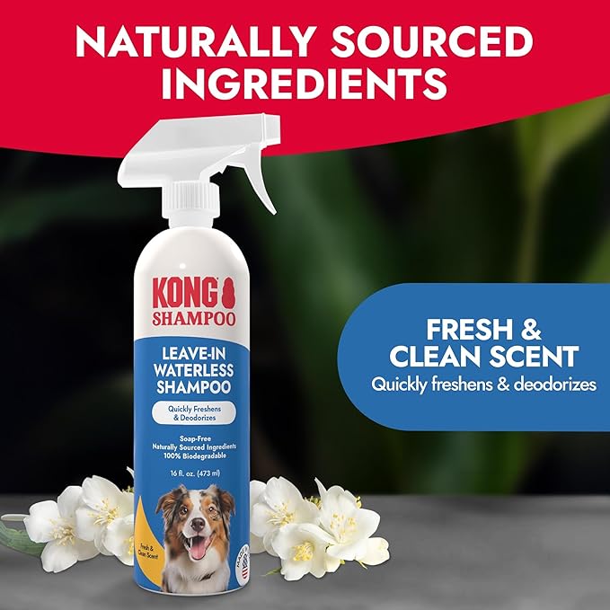Kong Leave-in Waterless Shampoo for Dogs – Fresh & Clean Scent, 16 fl oz – No-Rinse, Biodegradable, Alcohol-Free, Dye-Free, Cruelty-Free, Gentle on Sensitive Skin, for All Coat Types, Made in USA