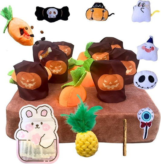 Carrot Patch Cat Toy Halloween Edition, Carrot Mat Pocket with Pumpkin Design, 12 Squeaky Carrot with Pockets and 6 Ghost-Themed Toys for Indoor Cats Kicking and Biting