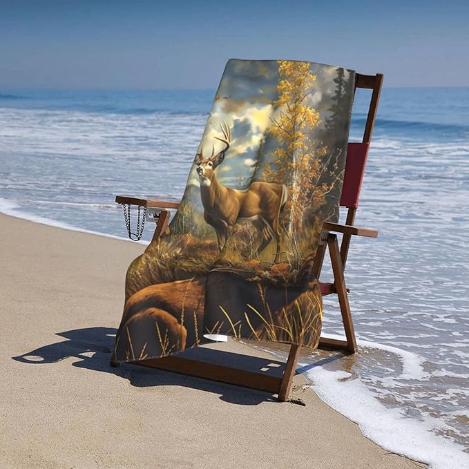 Majestic Deer Beach Towel 31inx51in, Wildlife Sand-Free Microfiber Bath Towel Ultra Soft Quick Dry Pool Towel Absorbent Towel Lightweight Towel for Swimming Bathroom Decor