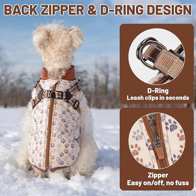 Dog Winter Coat for Small & Medium Dogs, Waterproof Dog Coat with Harness, Puppies Windproof Puppy Puffer Jacket, Snowsuit for Dachshund, Frenchie, Corgi (Paw Brown,S)