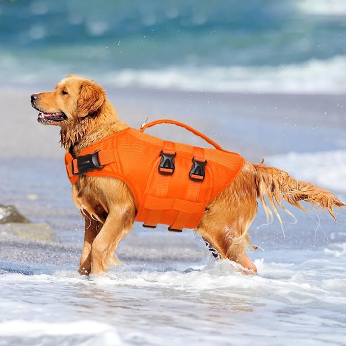 Kuoser Dog Life Jacket, XXL Dog Life Vest for Swimming Boating, Reflective Doggie Swimming Vest Pet Swim Preserver with Rescue Handle, Orange XXL