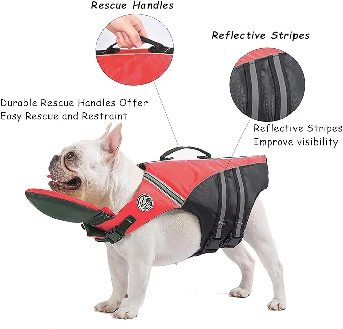 Dog Life Jacket, French Bulldog Life Vest for Swimming Boating, Dog Swim Vest with Chin Float and Rescue Handle, High Flotation Puppy Life Jackets (Chest Girth: 17" to 30", Weight: 17" to 28" LB)