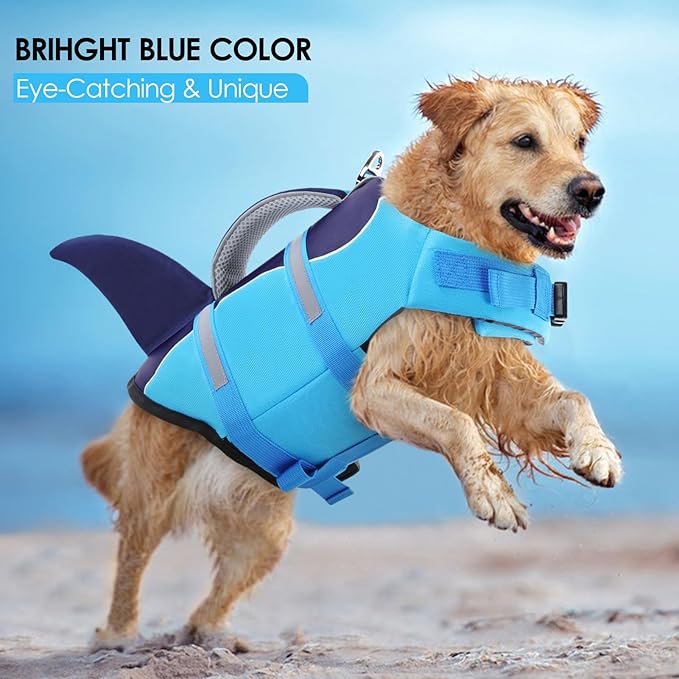 AOFITEE Dog Life Jacket, Dog Life Vest for Swimming, Shark Dogs Swimming Vest with Rescue Handle and Reflective Stripe, Ripstop Pet Float Coat Swimsuit Lifesaver Small Medium Large Dogs Blue S