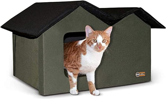 K&H Pet Products Extra-Wide Outdoor Cat House for Outside Pets, Weatherproof Outdoor House for Large Cats, Insulated Kitty Shelter, 2 Doors, Waterproof Removable Floor Pad, Unheated - Olive