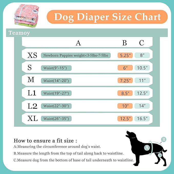 Teamoy Female Dog Diapers for Heat 4-Pack, Reusable Dog Period Diaper Wraps for Incontinence, Training & Housebreaking,XL