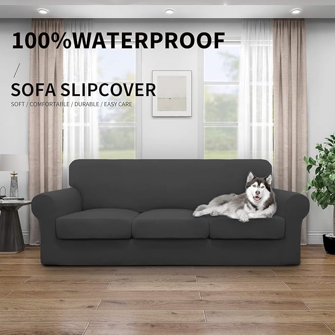 Easy-Going 100% Dual Waterproof 4 Pieces Oversized Cover Stretch Soft Couch Cover for Dogs, Sofa Slipcover for 3 Separate Cushion Couch Leakproof Furniture Protector for Kids, Pets Dark Gray