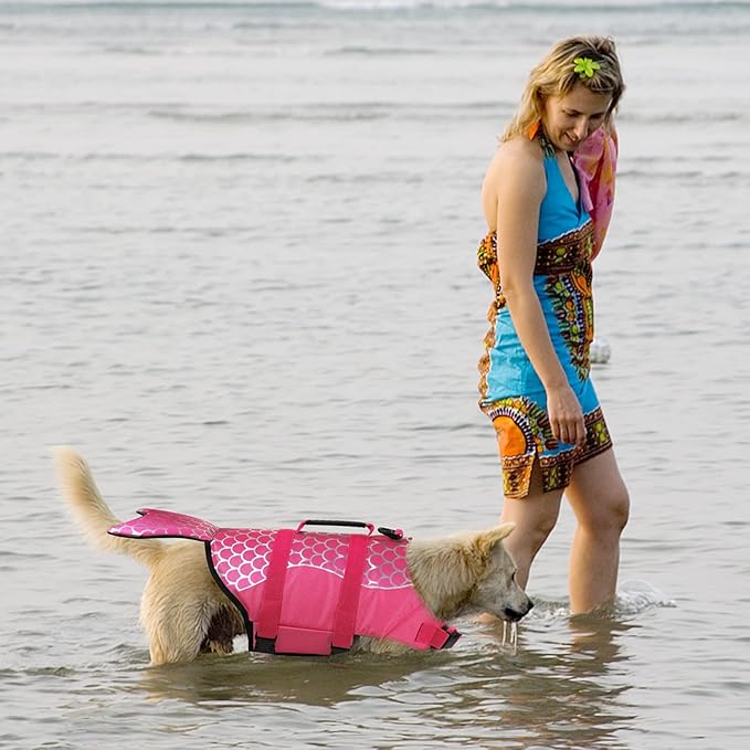 Dogcheer Dog Life Jacket, Cute Mermaid Dog Life Vest for Swimming Boating with Superior Buoyancy and Rescue Handle, Adjustable Puppy Swim Vest Pet Floating Vest for Small Medium Large Dogs - Pink, S