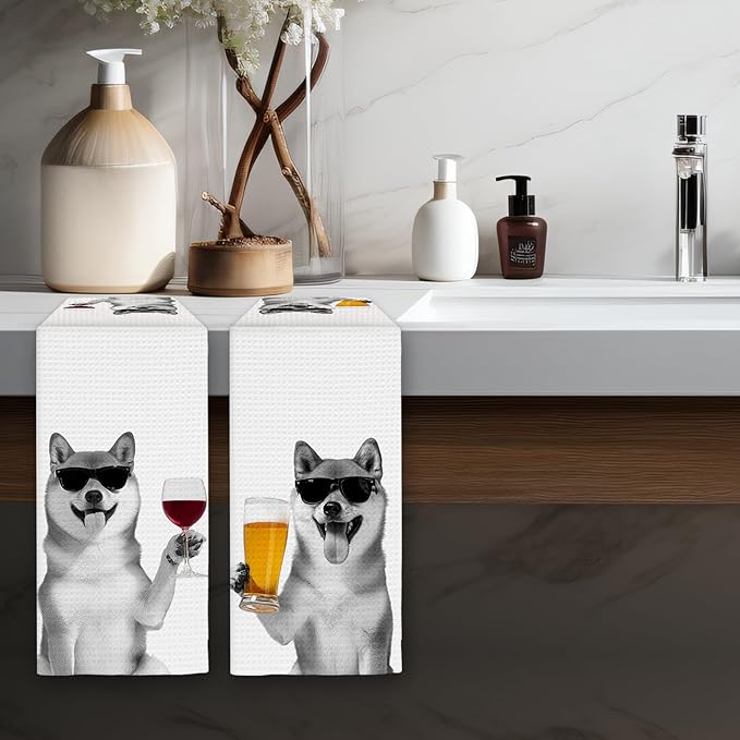 Shiba Inu Gifts Dog Wine Kitchen Towels Set of 2, Funny Dogs Beer Lover Decorative Hand Dish Towel for Kitchen Home Bar, Gift for Shiba Inu Dog Beer Wine Lovers Home Bar Decor(16x24Inch)