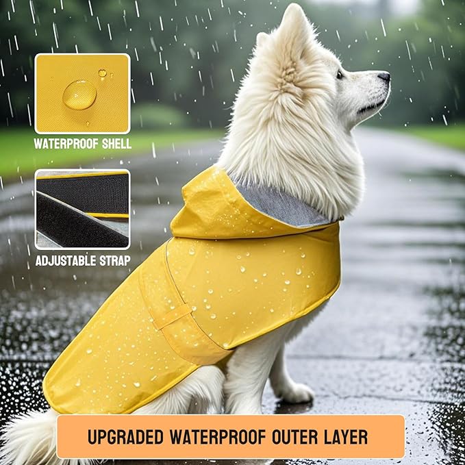 Dog Raincoat Dog Rain Jacket Poncho Waterproof Snowproof Pet Rain Suit Double-Layered Warm Lining Hooded Leash Hole Adjustable Puppy Small Medium Dogs,Yellow,XXL,Back Length 15-17.5 inches