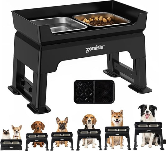 3-in-1 Raised Dog Bowl - 6 Height Adjustable Elevated Dog Bowls Stand, Double Deck Design Mess Proof, Feeding Station with 2 Stainless Steel Bowls & Licking Plate for Small Medium Large Pets