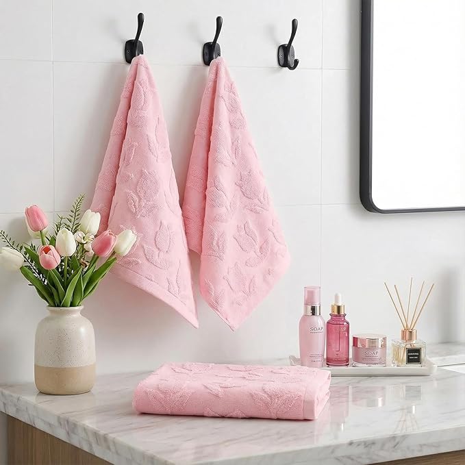 2pcs Pink Tulip Hand Towels for Bathroom Pink Spring Cotton Jacquard Kitchen Bath Hand Towels Set Decorative Weave Floral 3D Kitchen Dish Towel Soft Absorbent Bathroom Towel Home Decor Gift