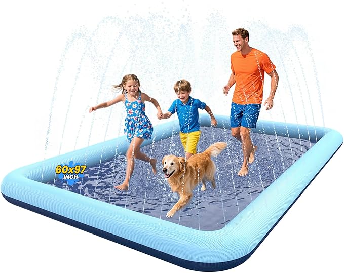 VISTOP Non-Slip Splash Pad for Kids and Dog, Thicken Sprinkler Pool Summer Outdoor Water Toys - Fun Backyard Fountain Play Mat for Baby Girls Boys Children or Pet Dog (97 * 60 inch, Blue&Blue)