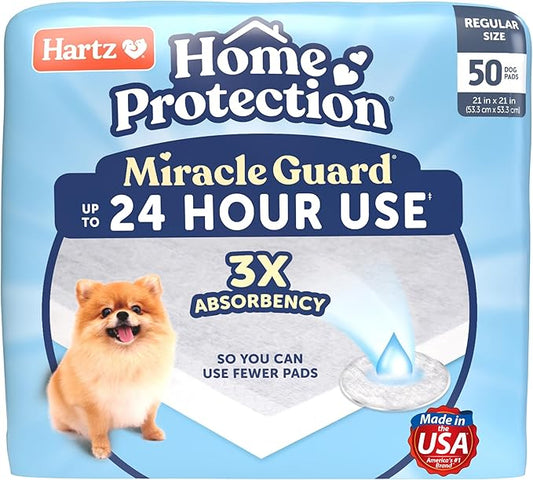 Hartz Miracle Guard Dog and Puppy Dog Pads Max Absorbency 24 Hour Use Odor Eliminating No Leaks, Regular Size 50 Count