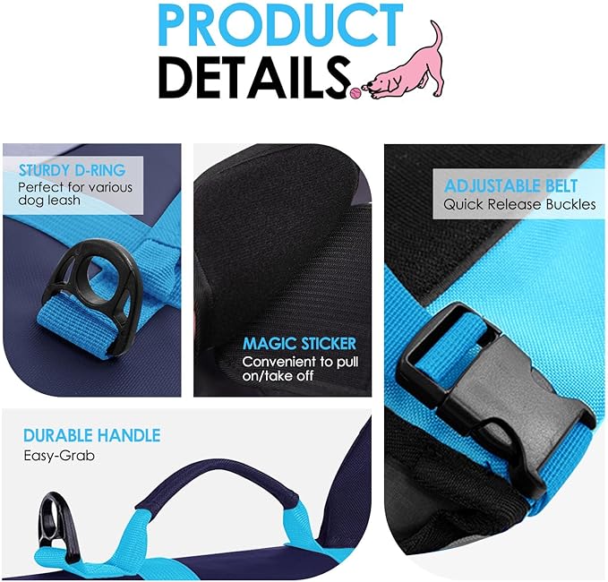 AOFITEE Dog Life Jacket, Shark Dog Life Vest for Swimming Boating, High Flotation Pet Lifesaver with Rescue Handle, Reflective French Bulldog Lifejacket, Swim Vest for Small Medium Large Dogs, M