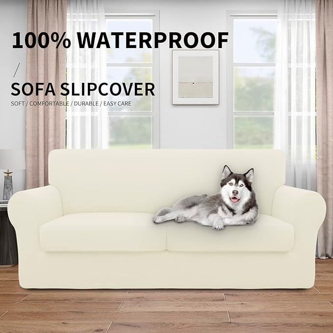 Easy-Going 100% Dual Waterproof 3 Pieces Oversized Loveseat Cover Stretch Soft Couch Cover for Dogs, Sofa Slipcover for 2 Separate Cushion Couch Leakproof Furniture Protector for Kids, Pets Ivory