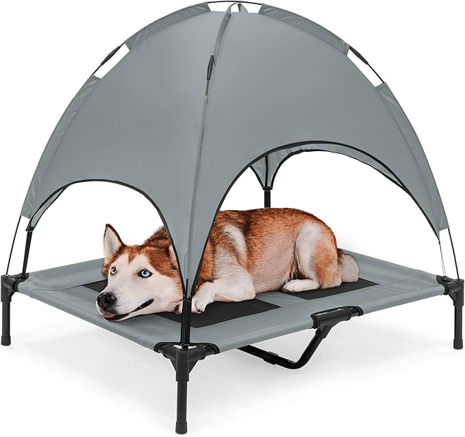 Best Choice Products 36in Elevated Cooling Dog Bed, Outdoor Raised Mesh Pet Cot w/Removable Canopy Shade Tent, Carrying Bag, Breathable Fabric - Gray