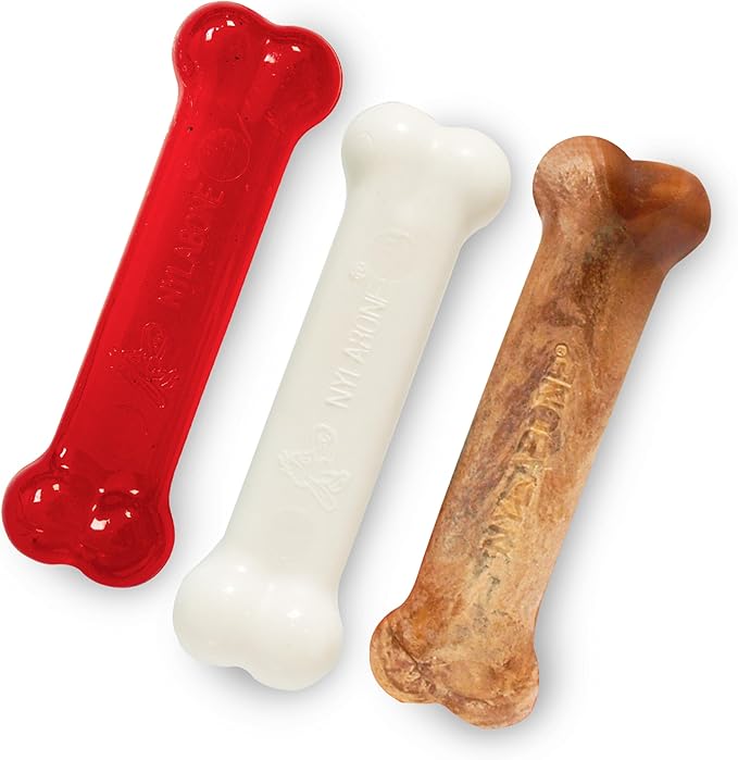 Nylabone Holiday Edition Puppy Starter Kit, 2 Teething Toys and 1 Natural Treat for Puppies, Chicken & Bacon Flavor, Small - Up to 25 lbs, 3 Pack
