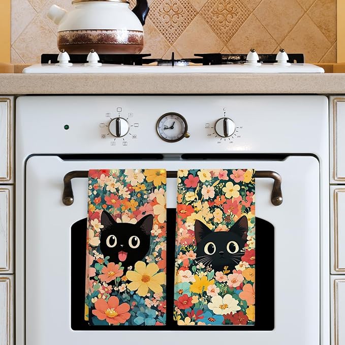 Black Cat Flower Spring Kitchen Towels and Dishcloths Set of 2, Cute Decorative Hand Towel Drying Cloth for Bathroom, Gifts for Cat Lovers, Hostess, Women, 16x24 Inches -21