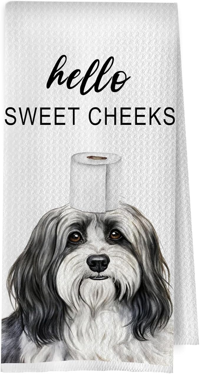 Funny Havanese Bathroom Decor - Havanese Gifts Waffle Decorative Hand Towels, Hello Sweet Cheeks Bathroom Decor, 16x24 Inches