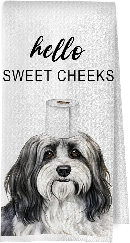 Funny Havanese Bathroom Decor - Havanese Gifts Waffle Decorative Hand Towels, Hello Sweet Cheeks Bathroom Decor, 16x24 Inches